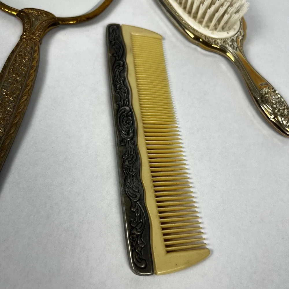 Towle Vanity Set Women OS Silver Gold Good Ornate Mirror Brush Comb 3pc Vintage